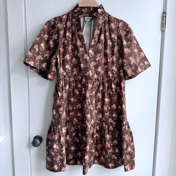 Tuckernuck Dresses & Skirts - Tuckernuck Brown Floral Ruffle Neck Tiered Mini Dress - XS